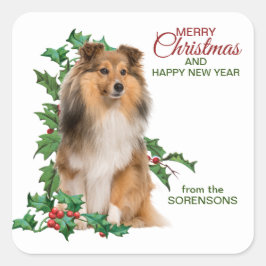 Shetland Sheepdog Red Berry Holly jul Fyrkantigt Klistermärke
