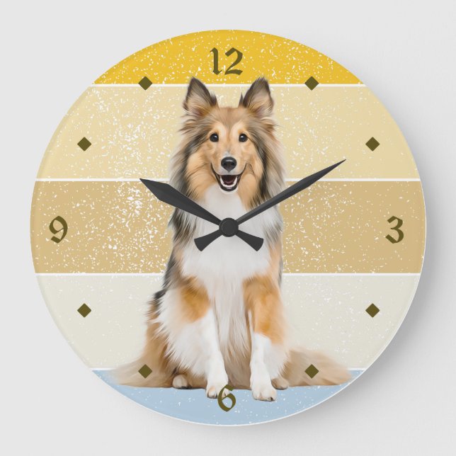 Shetland Sheepdog Retro Sunset Clock Stor Klocka (Framsida)