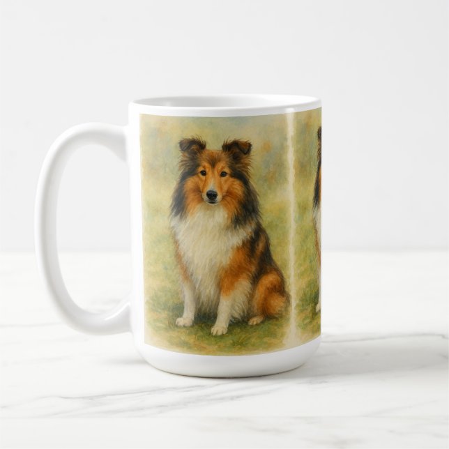 Shetland Sheepdog Sittande Akvarell Kaffemugg (Vänster)