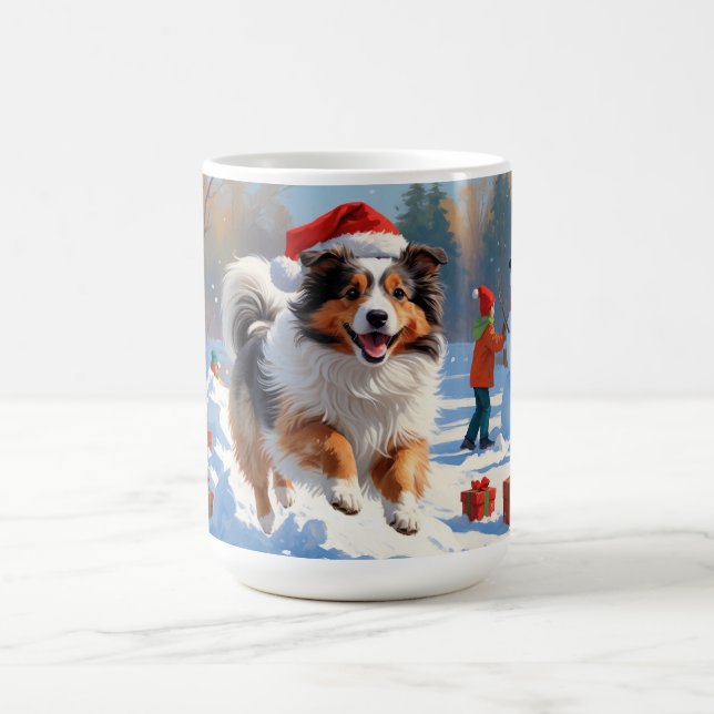 Shetland Sheepdog springer genom snön med julhatt Kaffemugg (Center)