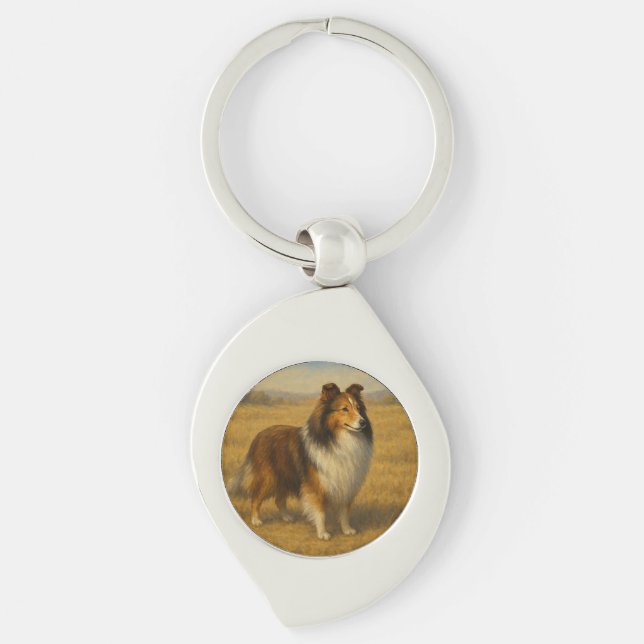 Shetland Sheepdog Swirl Silverfärgad Nyckelring (Framsidan)