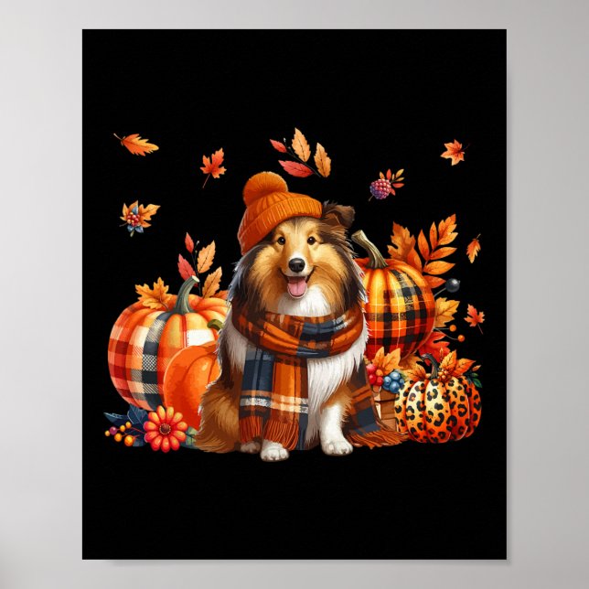 Shetland Sheepdog Thanksgiving Leopard Pumpkins Fa Poster (Framsidan)