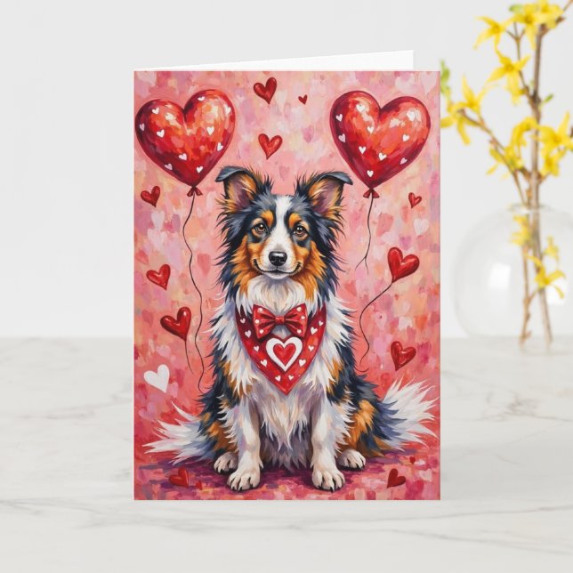 Shetland Sheepdog Valentine Dog Sitting with Heart Kort (Gul blomma)