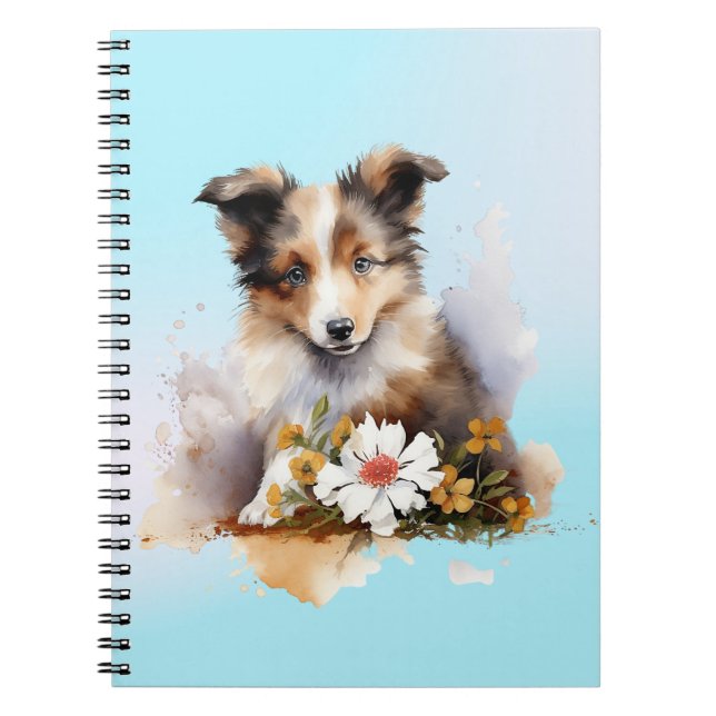 Shetland Sheepdog Valp Husdjur Akvarell Blomma Anteckningsbok (Framsidan)