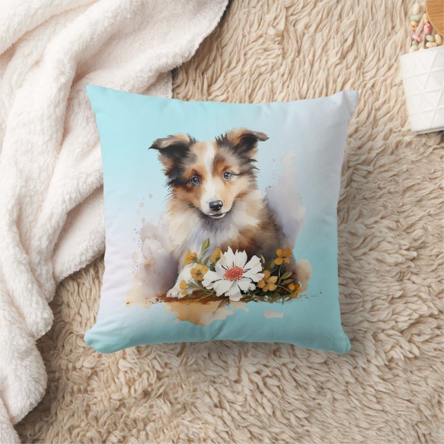 Shetland Sheepdog Valp Husdjur Akvarell Blomma Kudde (Filt)
