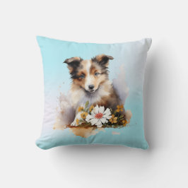 Shetland Sheepdog Valp Husdjur Akvarell Blomma Kudde
