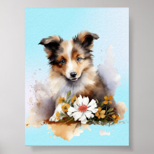 Shetland Sheepdog Valp Husdjur Akvarell Blomma Poster