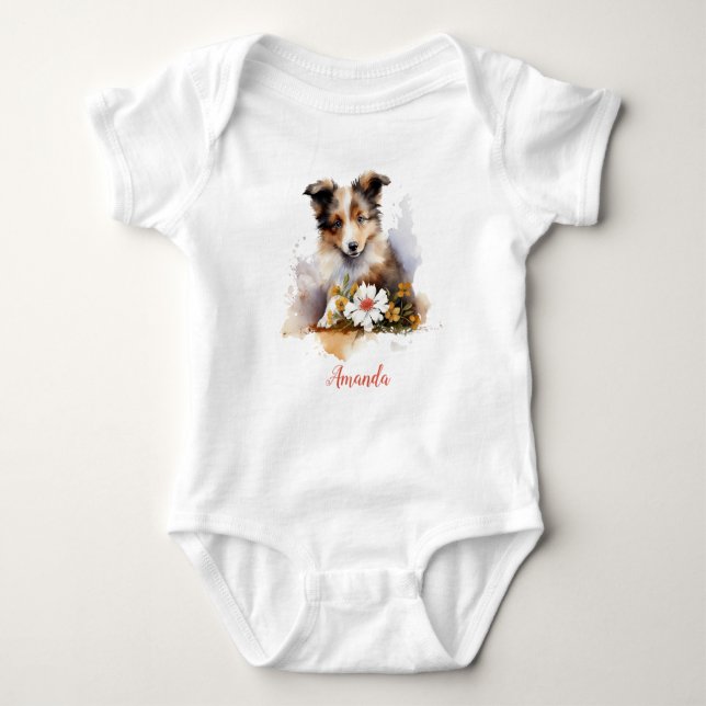 Shetland Sheepdog Valp Husdjur Akvarell Blomma T Shirt (Framsida)
