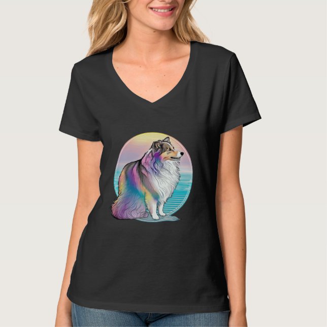 Shetland Sheepdog Vaporwave Retrowave Aesthetic T Shirt (Framsida)