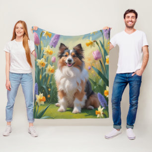 Shetland Sheepdog Vårblommor Målning Fleecefilt