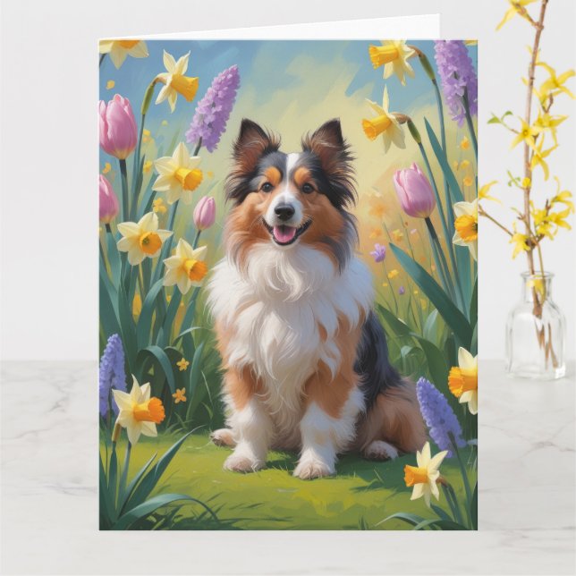 Shetland Sheepdog Vårblommor Målning Kort (Gul blomma)