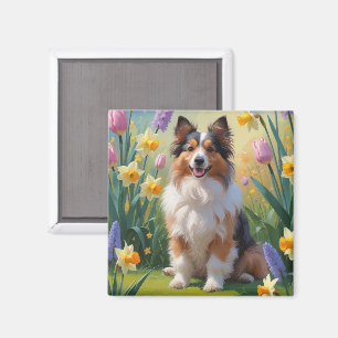 Shetland Sheepdog Vårblommor Målning Magnet