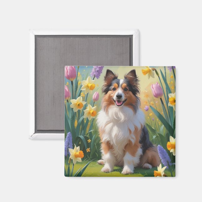 Shetland Sheepdog Vårblommor Målning Magnet (Front/Back)