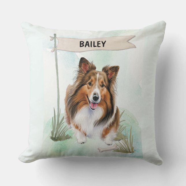 Shetland Sheepdog Watercolor Personalized Dog Kudde (Framsida)