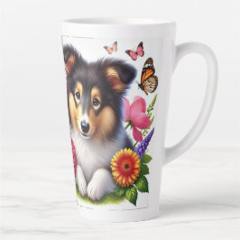 Shetland Sheepdog with Flowers and Butterflies