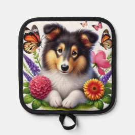 Shetland Sheepdog with Flowers and Butterflies
