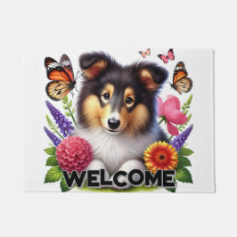 Shetland Sheepdog with Flowers and Butterflies