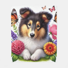 Shetland Sheepdog with Flowers and Butterflies Fleecefilt