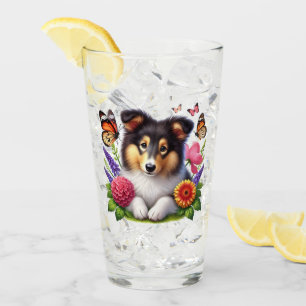 Shetland Sheepdog with Flowers and Butterflies Glaskopp