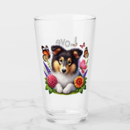 Shetland Sheepdog with Flowers and Butterflies Glaskopp