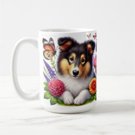 Shetland Sheepdog with Flowers and Butterflies Kaffemugg