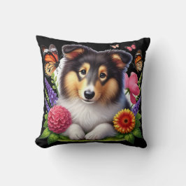Shetland Sheepdog with Flowers and Butterflies Kudde