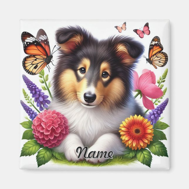 Shetland Sheepdog with Flowers and Butterflies Magnet (Framsidan)