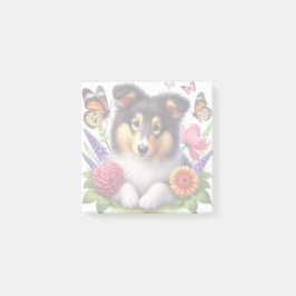 Shetland Sheepdog with Flowers and Butterflies Post-it Block