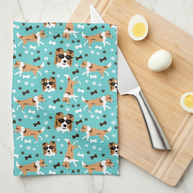 Shetland Sheephund Sheltie Aqua Kitchen Towel Kökshandduk (Vikt i Fjärdedel)