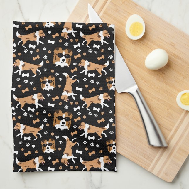 Shetland Sheephundarna Sheltie Black Kitchen Towel Kökshandduk (Vikt i Fjärdedel)