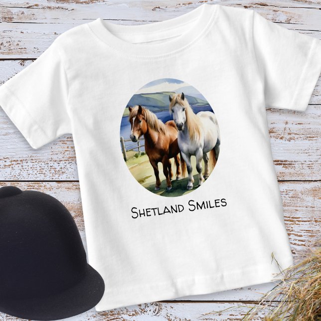Shetland Smiles Ponies Cute T Shirt (A cute t-shirt with picture of two Shetland ponies and editable caption 'Shetland Smiles')