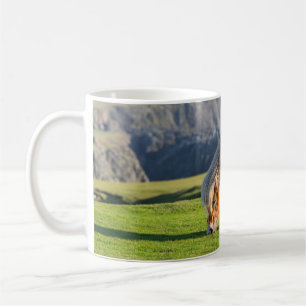 Shetlandponny på betesmark nära höga klippor kaffemugg
