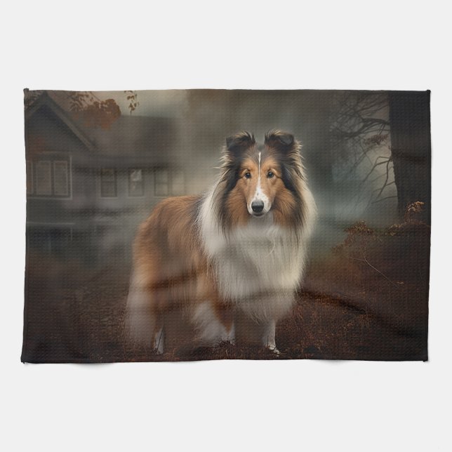 Shetlands Sheepdog Halloween Skräckinjagande Kökshandduk (Horisontell)
