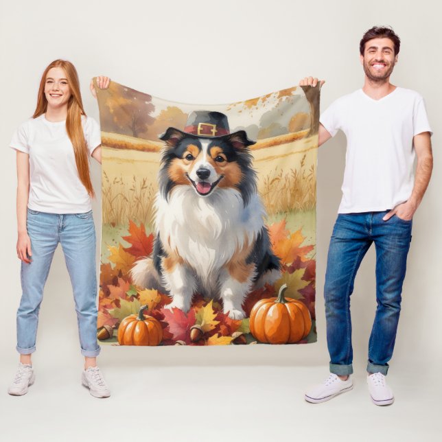 Shetlands Sheepdog Höstlöv Tackgivelse Konst Fleecefilt (På plats)