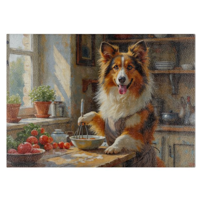 Shetlands Shepardshund lagar mat i köket (Framsidan)