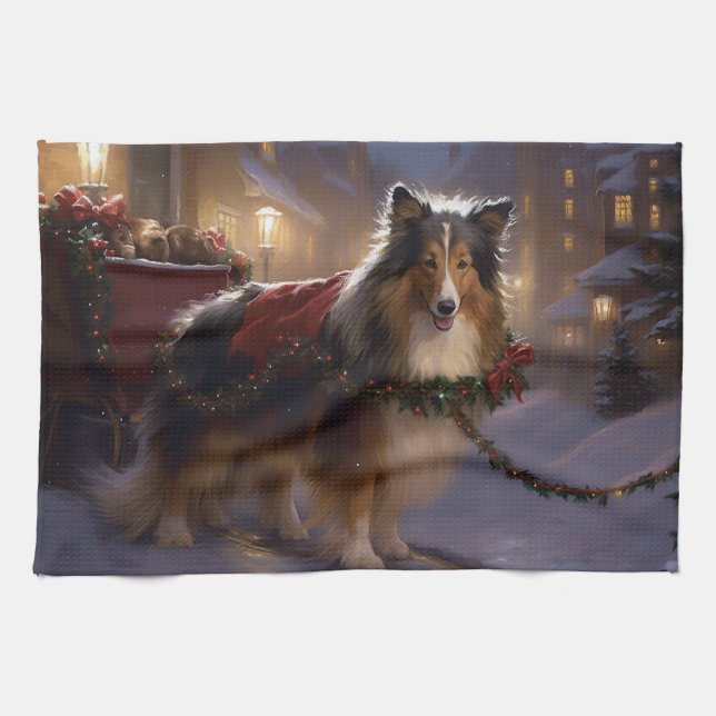 Shetlands Sheppdog Julhögtiden Kökshandduk (Horisontell)