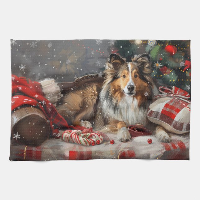 Shetlands Shepperdog Jul Festlig Kökshandduk (Horisontell)