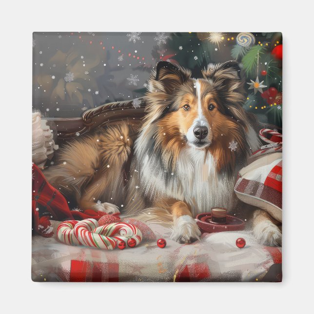 Shetlands Shepperdog Jul Festlig Magnet (Framsidan)