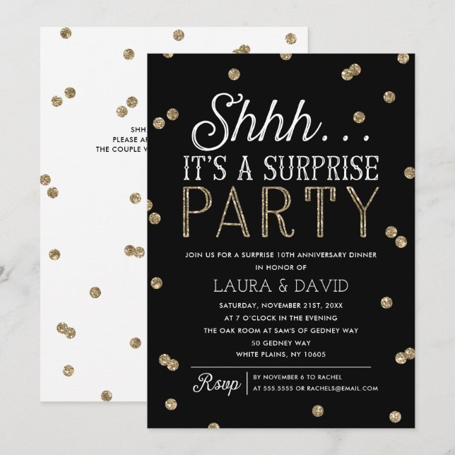 Shh Surprise Party Faux Guld Glitter Confetti Inbjudningar (Fram/baksida)