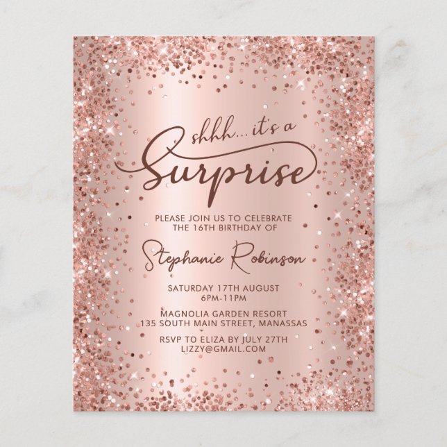 Shhh Surprise Ro Guld Sweet 16 Birthday Inbjudan (Framsida)