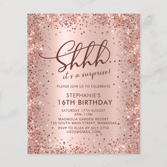 Shhh Surprise Ro Guld Sweet 16 Birthday Inbjudan (Framsida)