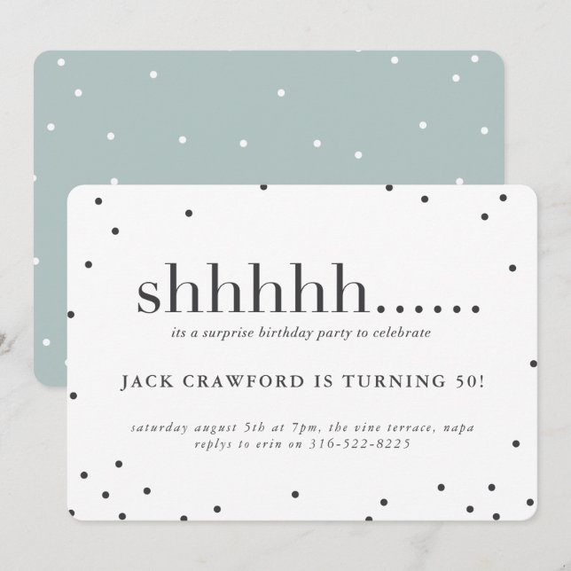 Shhhh, överraskning födelsedagsfest inbjudan (Fram/baksida)