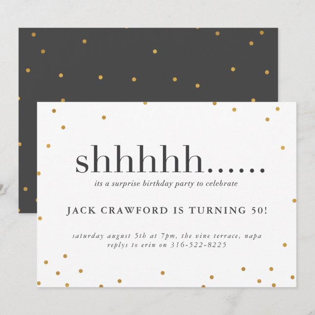 Shhhh, överraskning födelsedagsfest inbjudan (Fram/baksida)