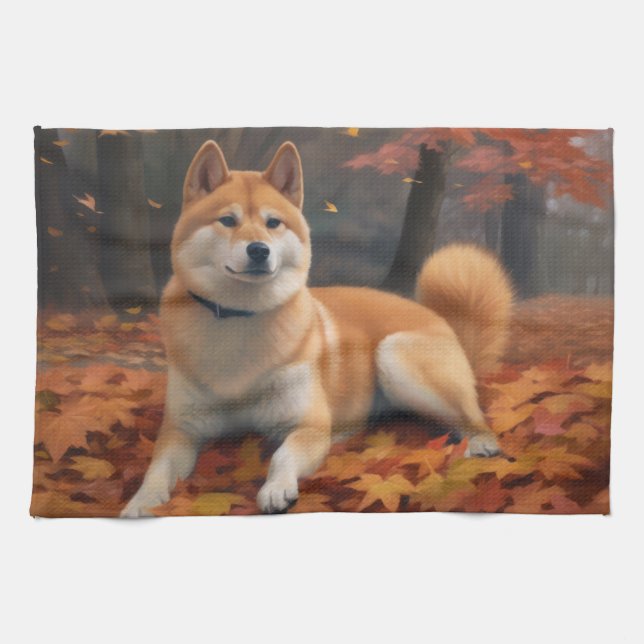Shib Inu i Höst löv Fall Inspire Kökshandduk (Horisontell)