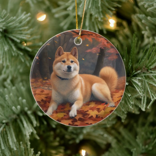 Shib Inu i höstlöv Fall Inspirera  Julgransprydnad Keramik (Träd)