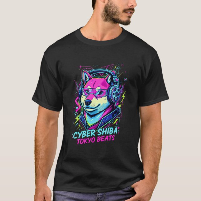 Shiba Inu Cassette DJ - Neon Cyberpunk Tokyo T Shirt (Framsida)