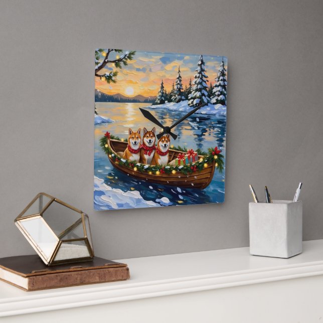 Shiba Inu Christmas Boat Holiday Fyrkantig Klocka (Kontor)