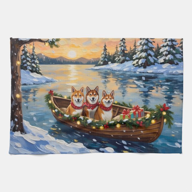 Shiba Inu Christmas Boat Holiday Kökshandduk (Horisontell)