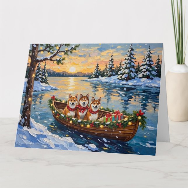 Shiba Inu Christmas Boat Holiday Kort (Framsida)
