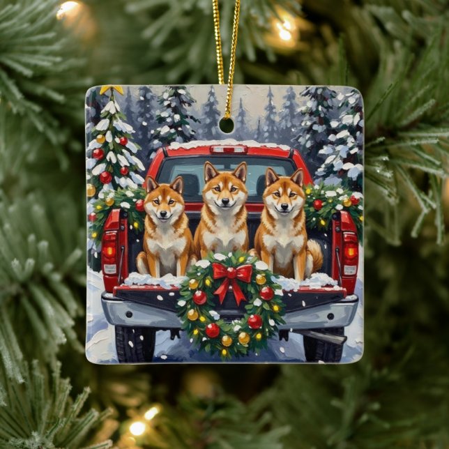 Shiba Inu Christmas Red Truck Holiday Julgransprydnad Keramik (Träd)
